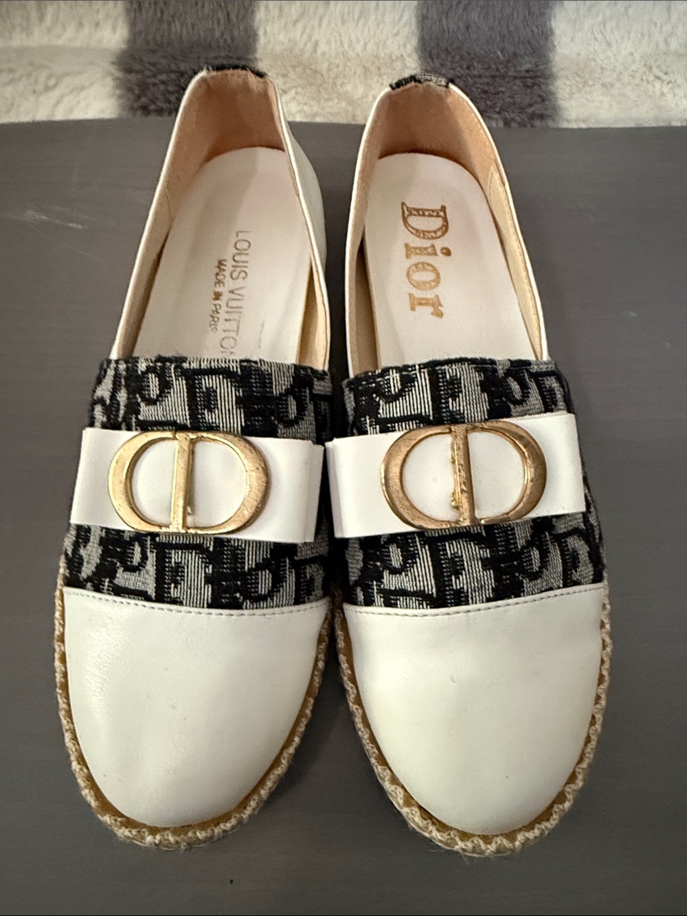 Dior Black Logo Jacquard and White Leather Espadrille Flats with Gold CD Buckle